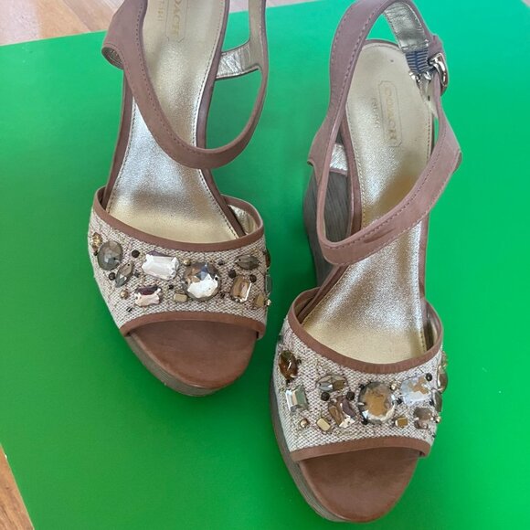 COACH Hanson Platform Wedge Sandals US 11 Gold Tan Canvas Jeweled - Picture 1 of 6